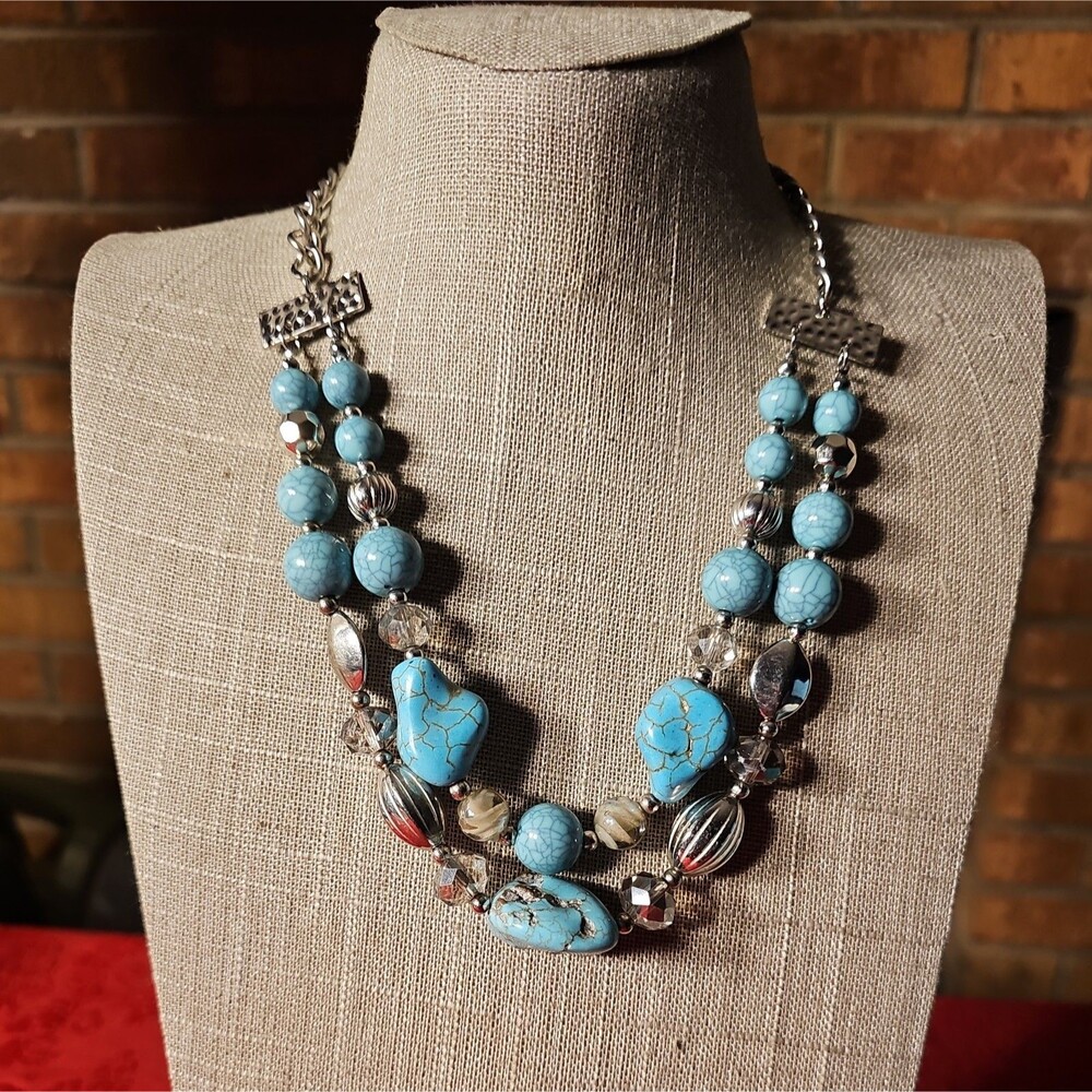 MIXIT 2 Strand Faux Turquoise Metal and Crystal Beads Necklace